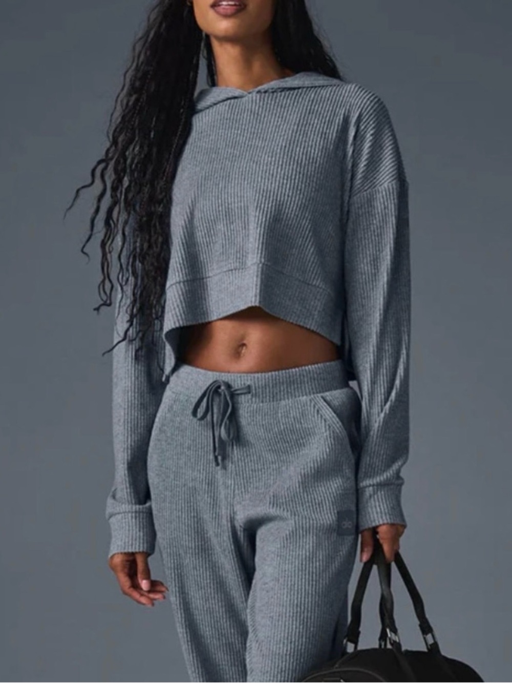 ALO Yoga Ribbed Cropped Hoodie - Gray